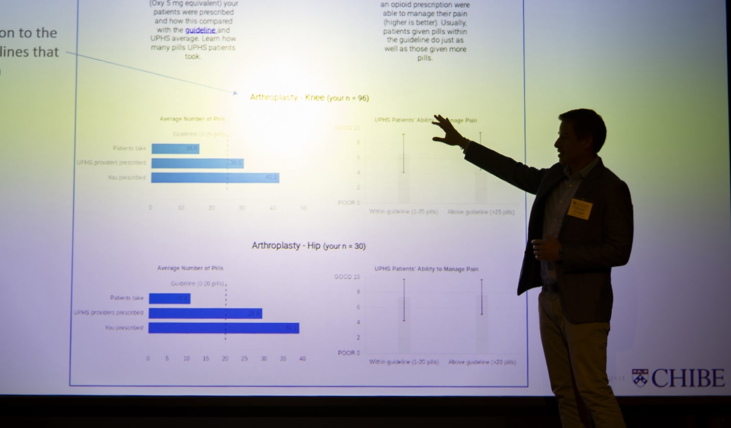 Man in silhouette gesturing beside a large screen displaying an infographic during a presentation